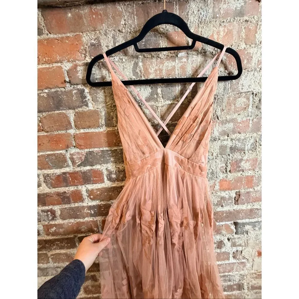 LUXXEL •  Blush Pink Velvet Floral and Tulle Deep V Plunge Back Spaghetti Cross
